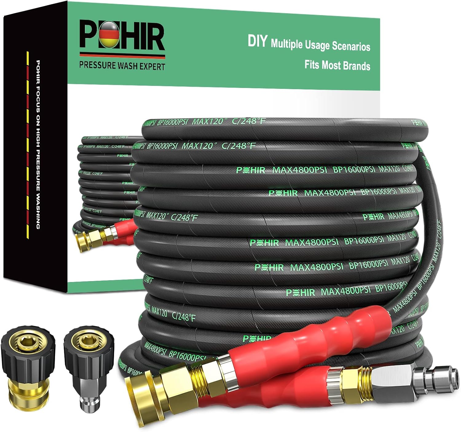 POHIR 3/8 Pressure Washer Hose 50 FT for Cold and Hot Water
