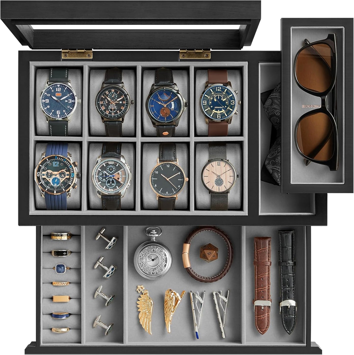 SONGMICS 8-Slot Watch Box, Solid Wood Veneer, Velvet Lining