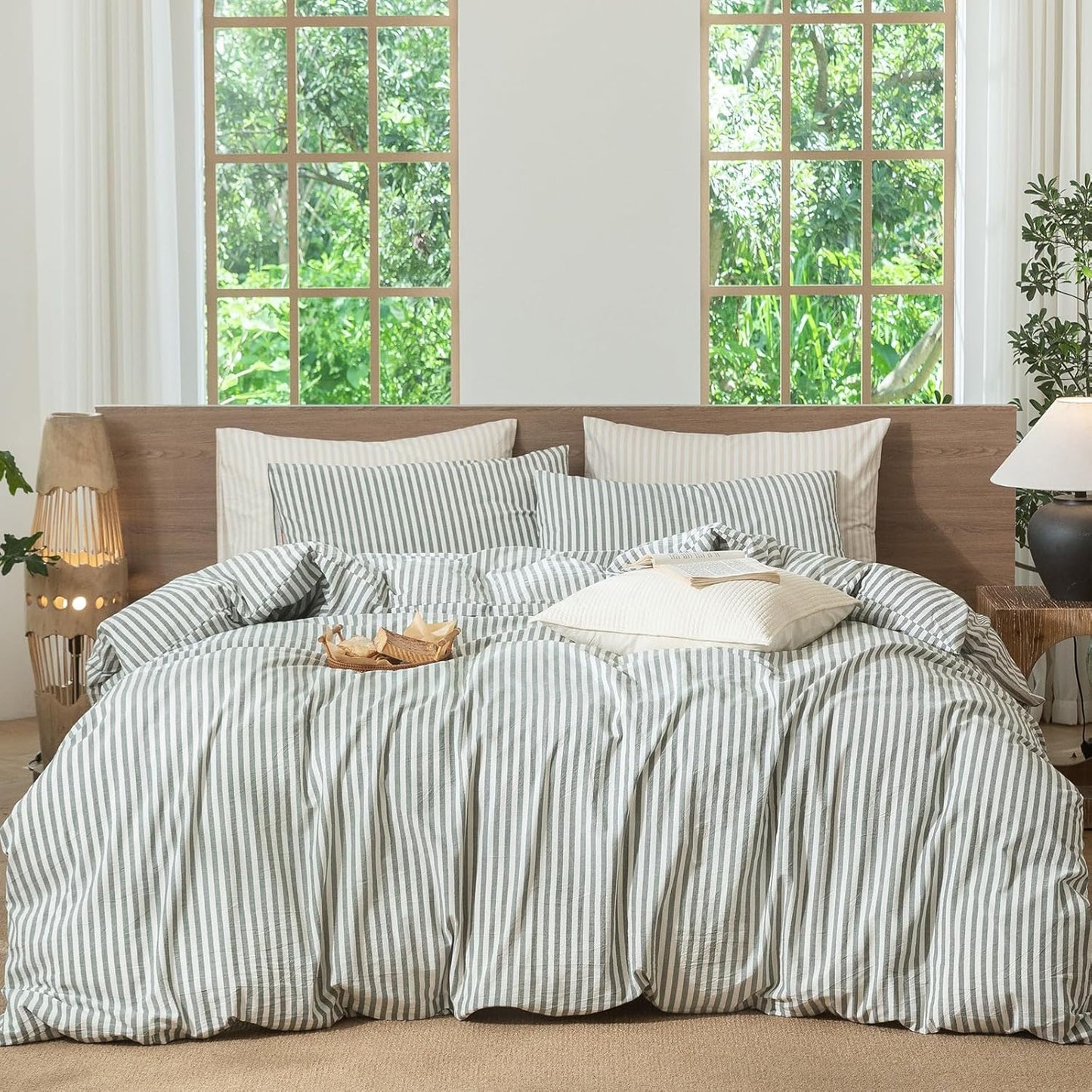 MooMee Striped Duvet Cover Set in Soft Washed Cotton for Comfort