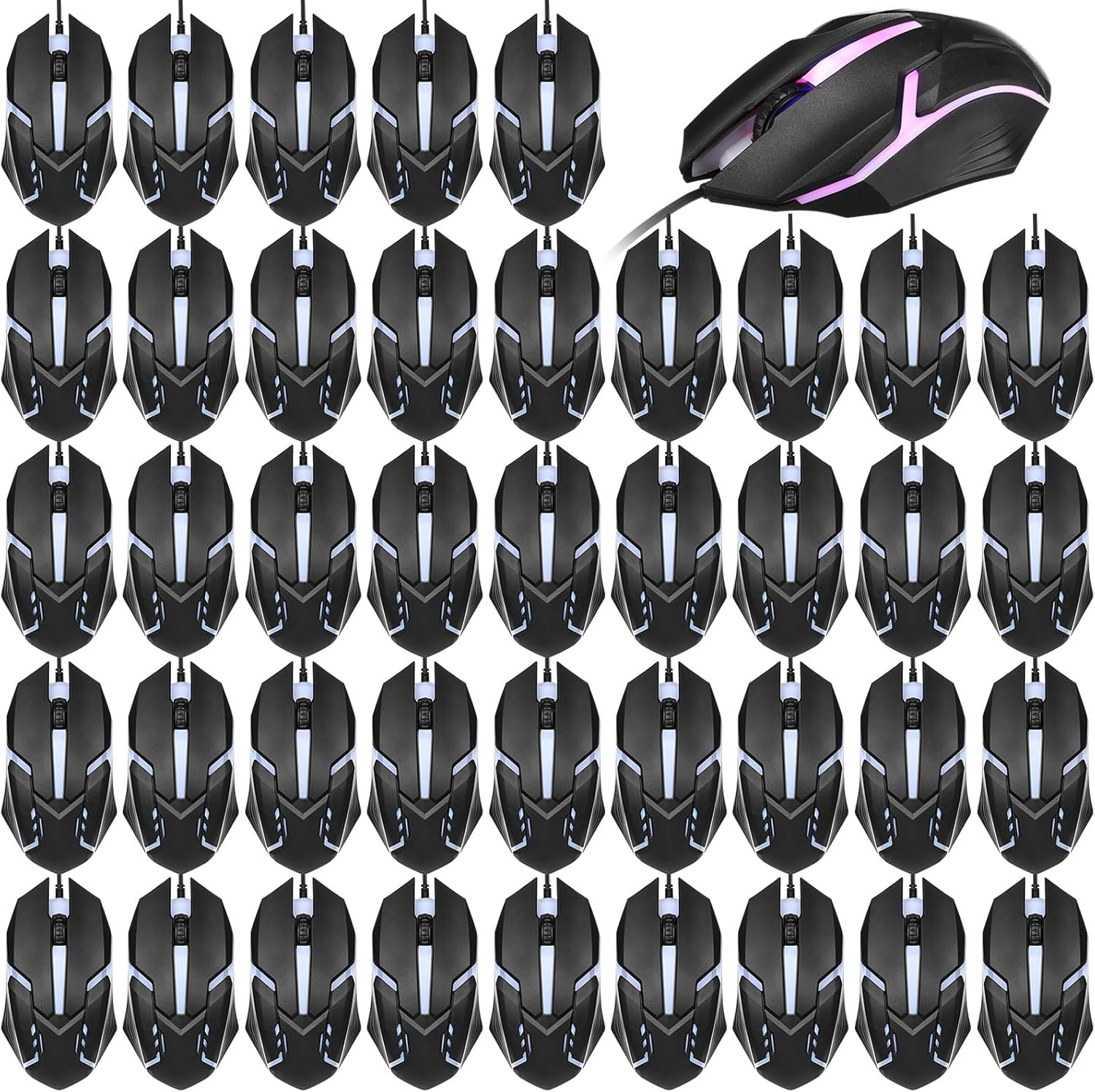 30 Pack Black USB Wired Mouse with RGB Lighting for Gaming