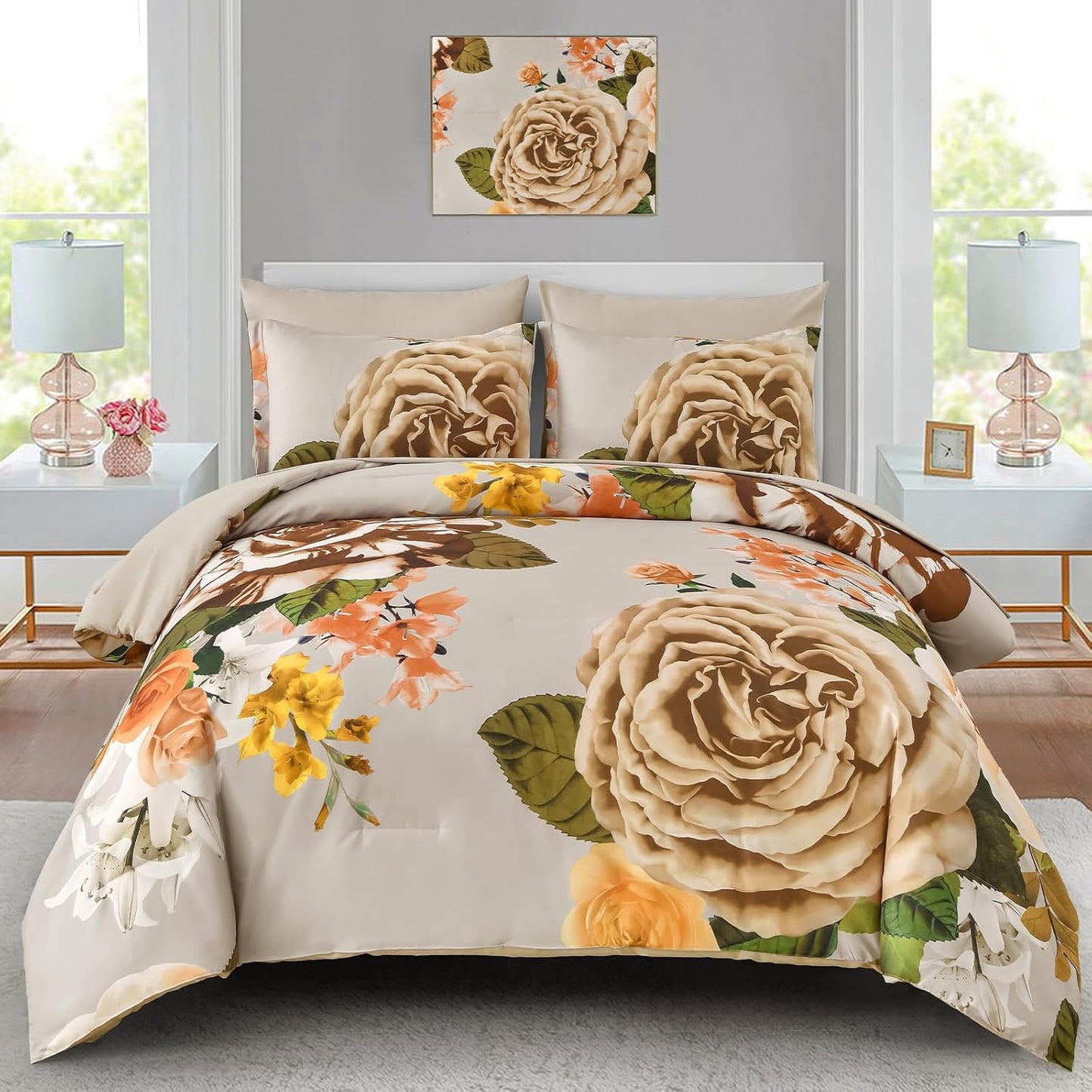 Drucon Brown Floral Comforter Set Queen - 7 Pieces Bedding Set