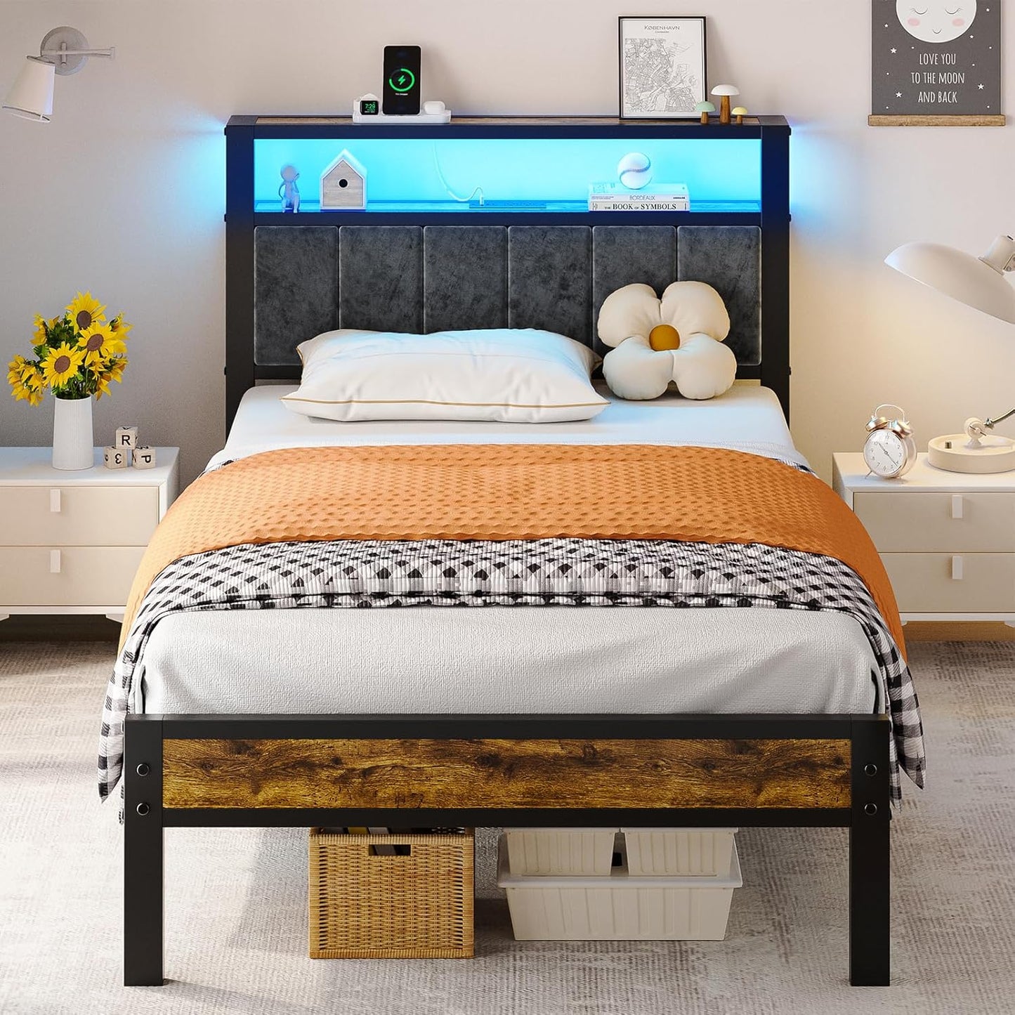 Twin Size Platform Bed Frame with LED Lights and Storage