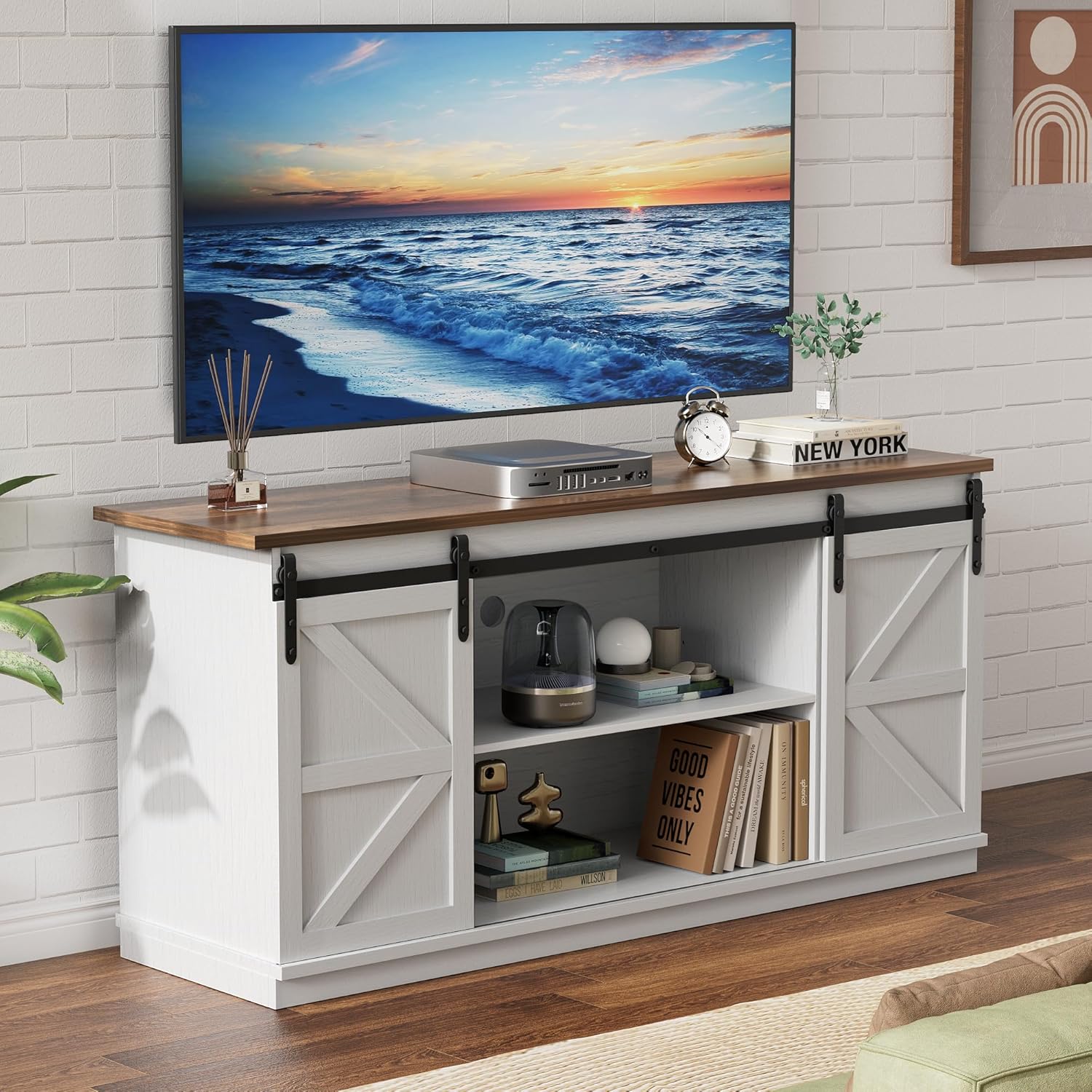 YESHOMY Farmhouse TV Stand with Sliding Barn Doors for 65 in TVs