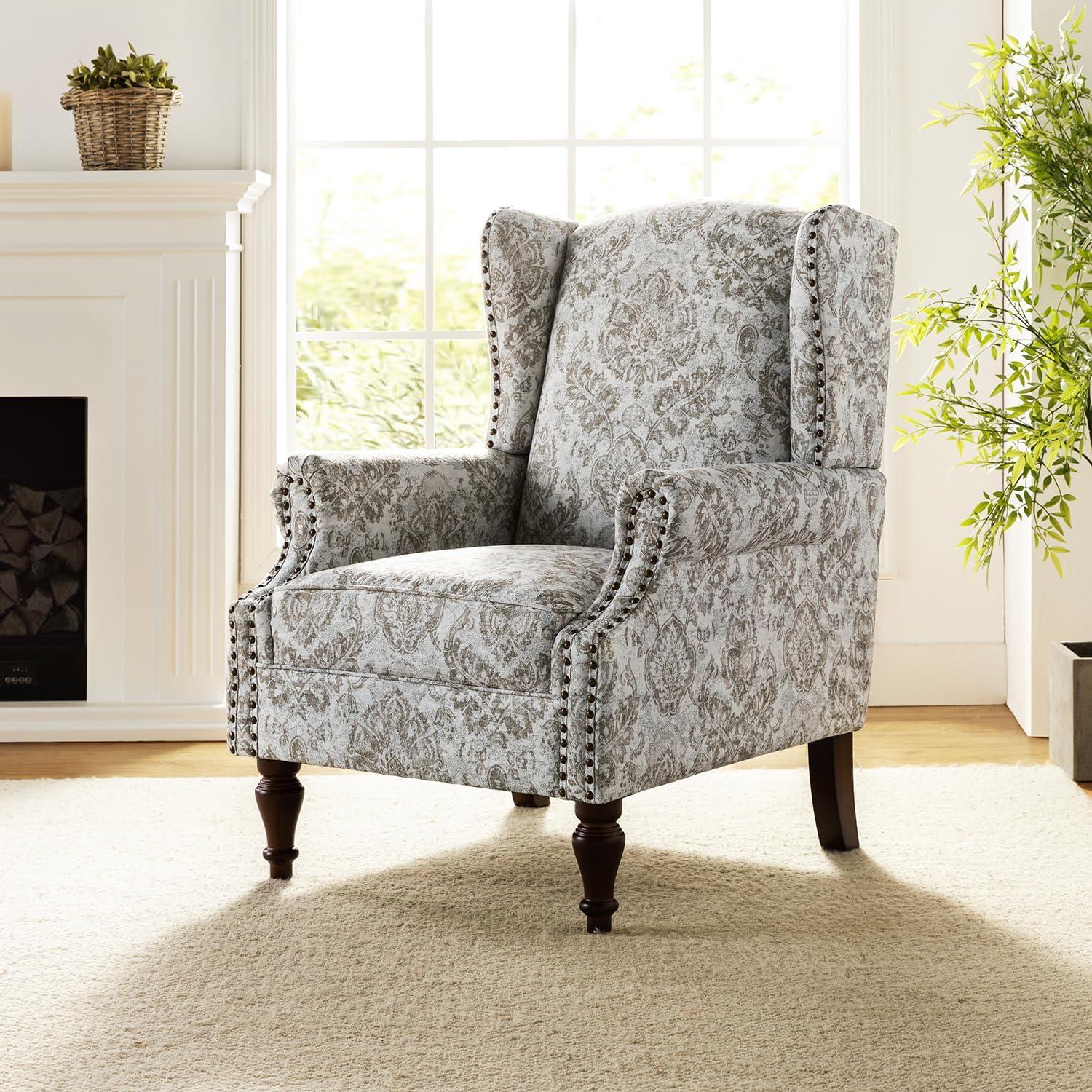 Vintage Chic Floral Accent Chair, Nailhead Trim, Beige