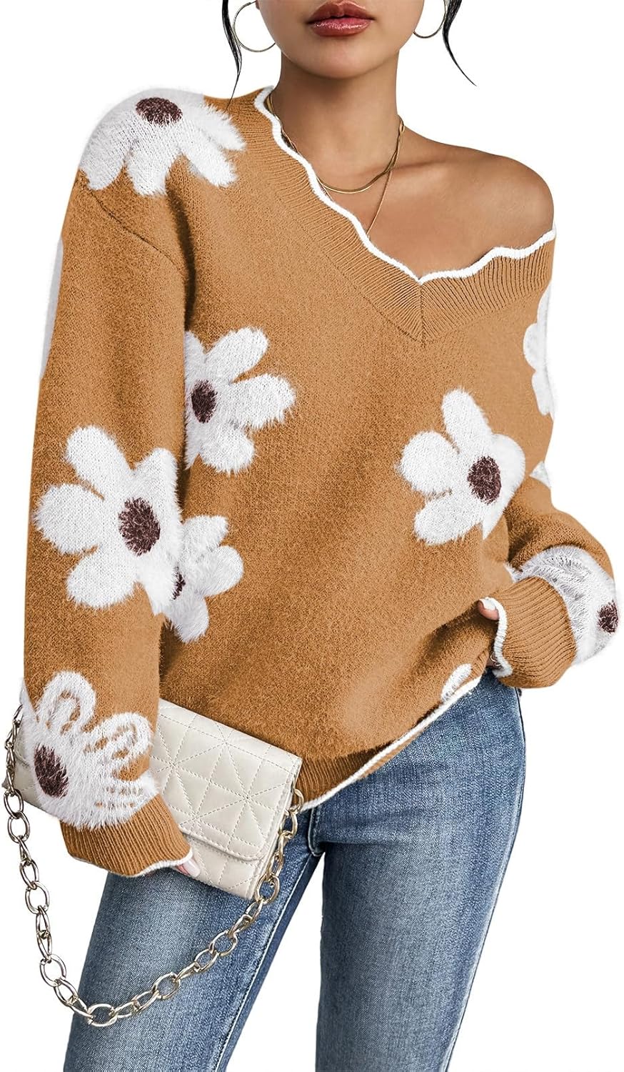 Pink Queen Women's Oversized V Neck Fuzzy Sweater for All Seasons