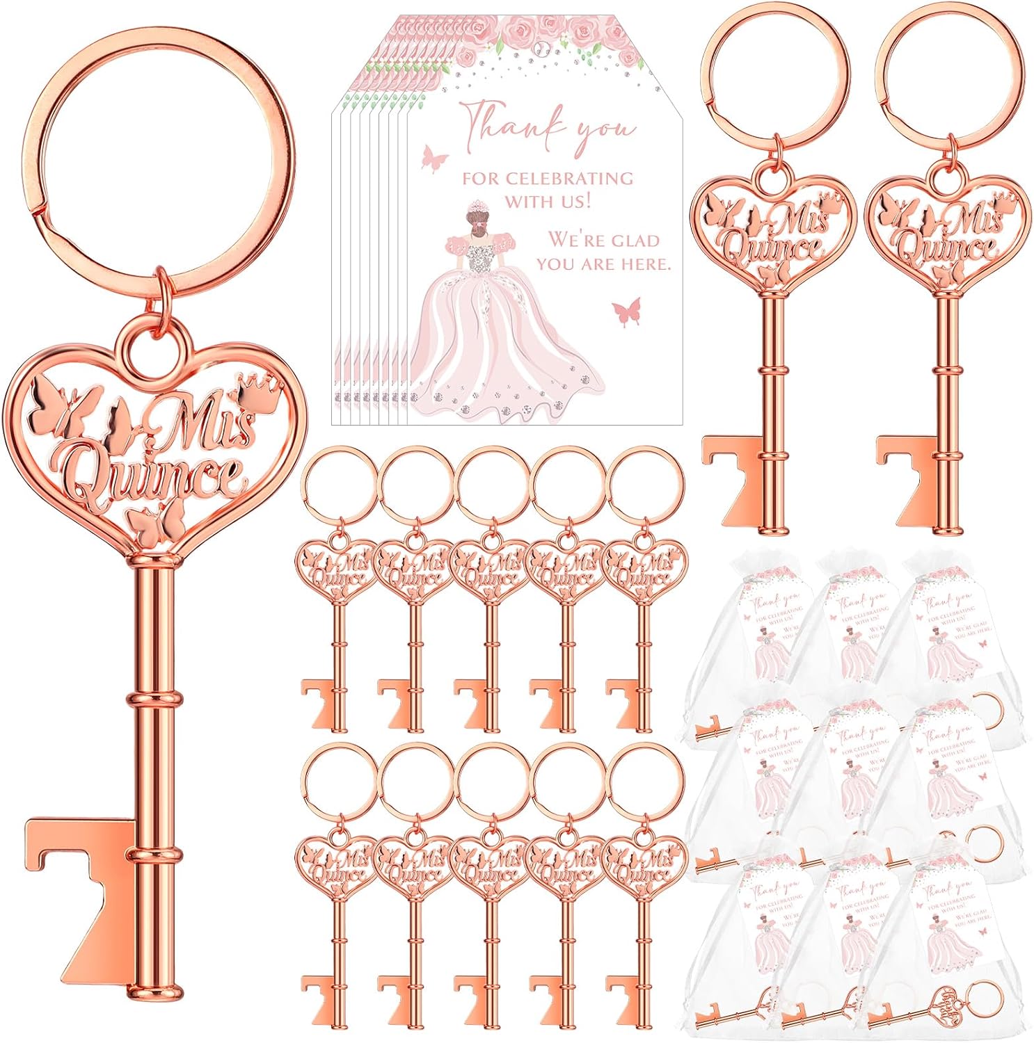 50 Sets Quinceanera Party Favors with Butterfly Keychain Openers