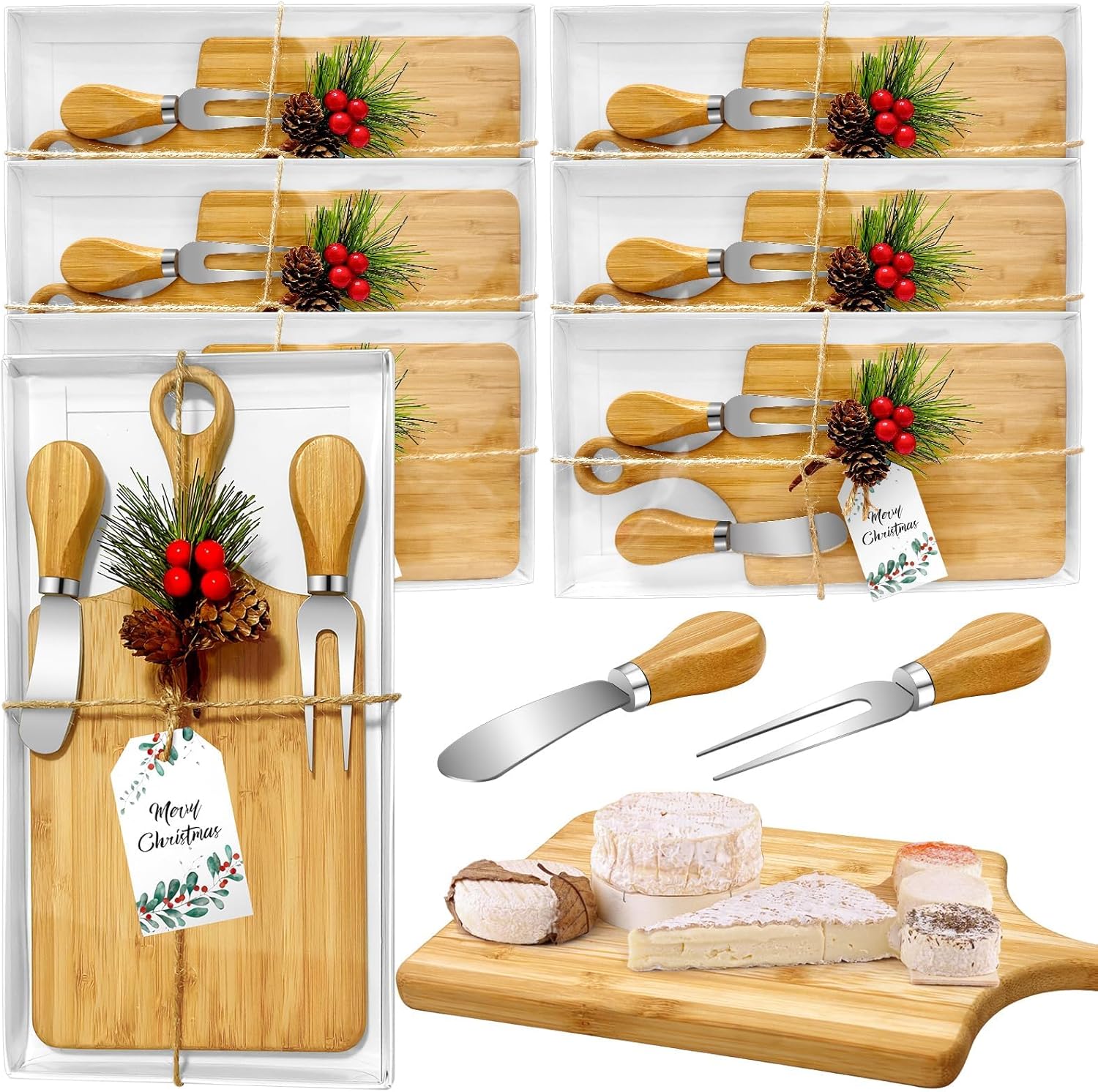 6 Set Bamboo Wooden Cheese Board Gift Set for Christmas Parties