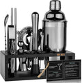 Black Stainless Steel Cocktail Shaker Set with Wood Stand - Bartender
