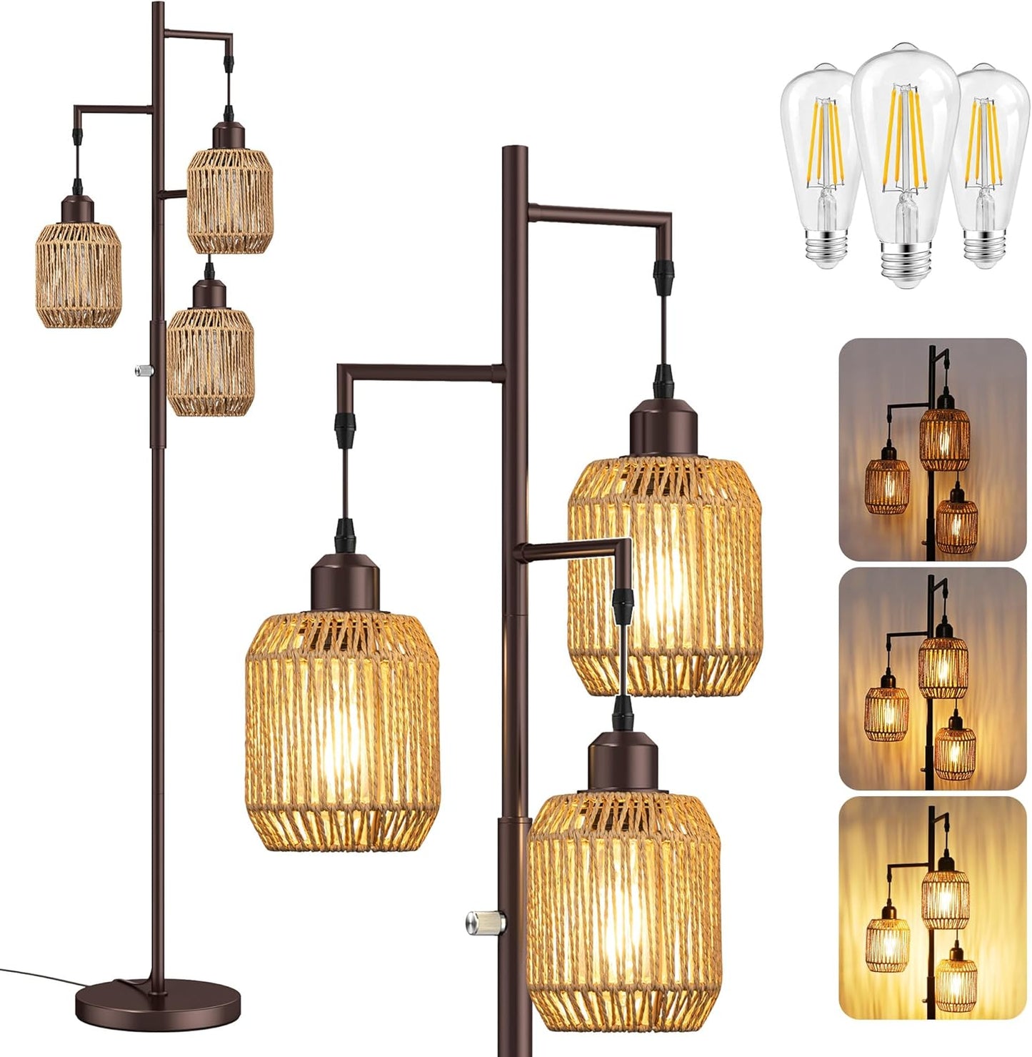 Dimmable Boho Floor Lamp - 3 Light Rustic Rattan Design