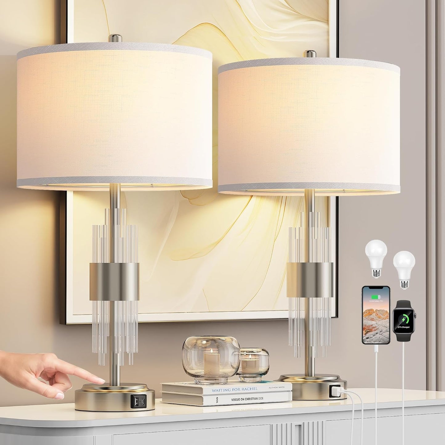 QiMH Table Lamp Set of 2 with USB Ports and Dimmable Touch Control