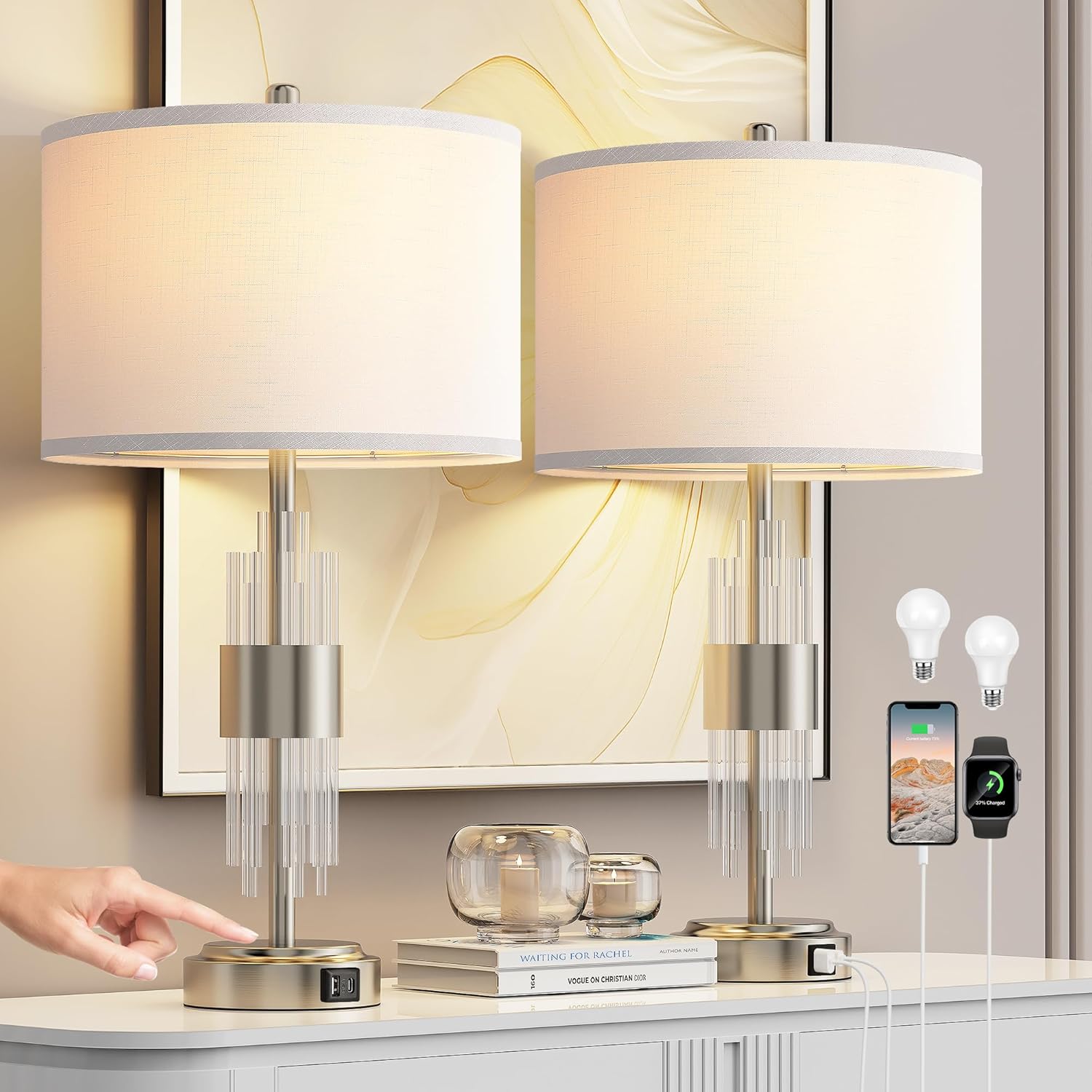QiMH Table Lamp Set of 2 with USB Ports and Dimmable Touch Control