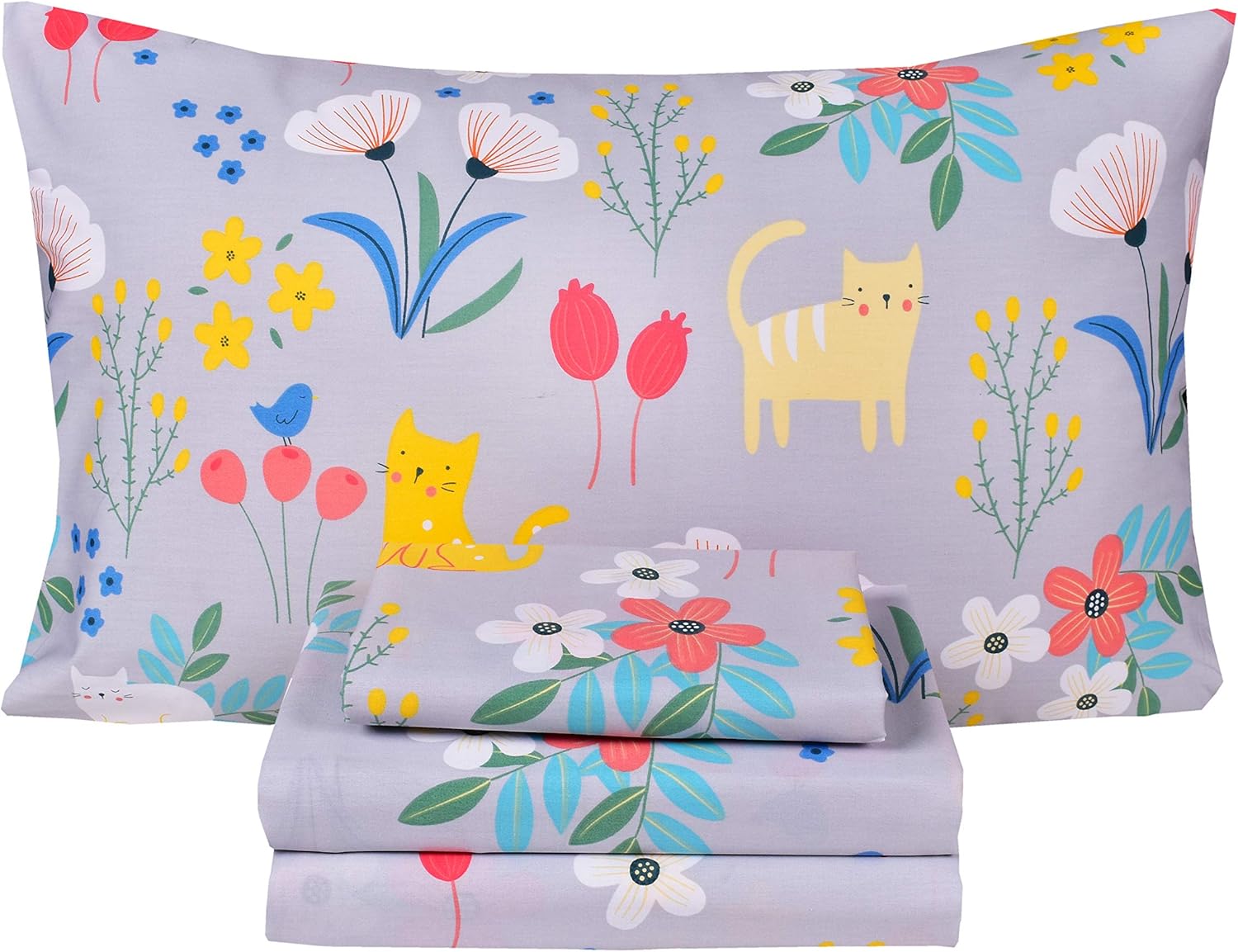 Scientific Sleep Kitty Cats Flowers Twin Bed Sheet Set for Kids