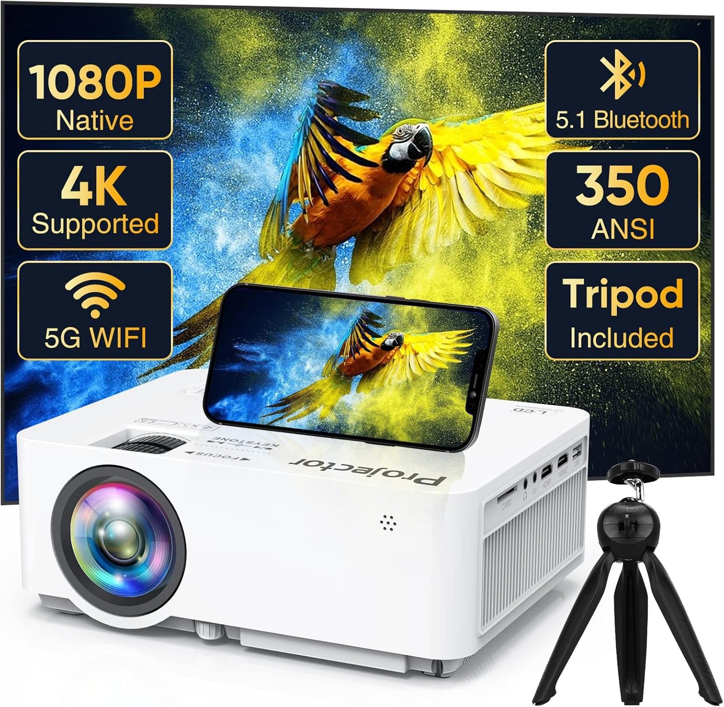 Portable 1080P Projector: Crisp Display, 5G WiFi, Bluetooth