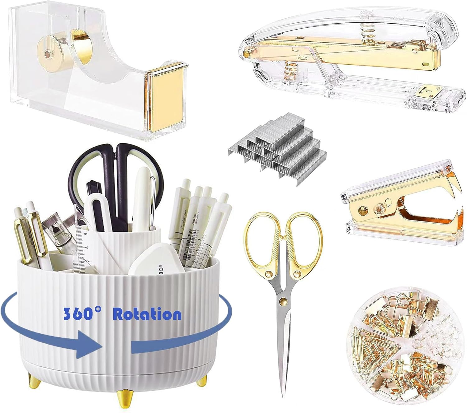 360-Degree Rotating Gold Desk Set: Stay Organized!