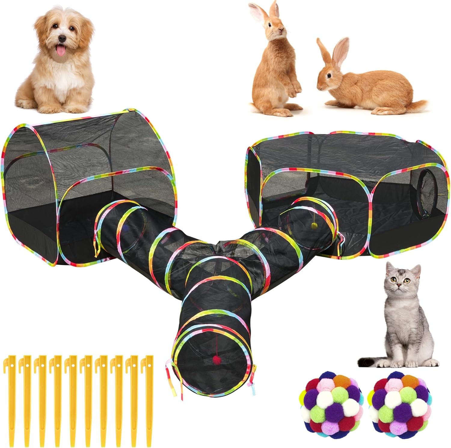 Outdoor Cat Enclosure with Tunnel and Playhouse for Cats