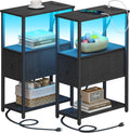 Small Narrow LED End Table with Charging Station - Set of 2 Black