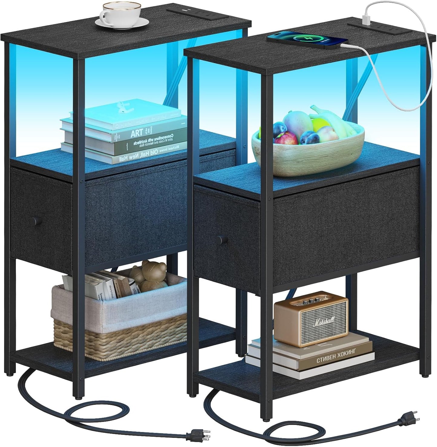 Small Narrow LED End Table with Charging Station for Modern Living