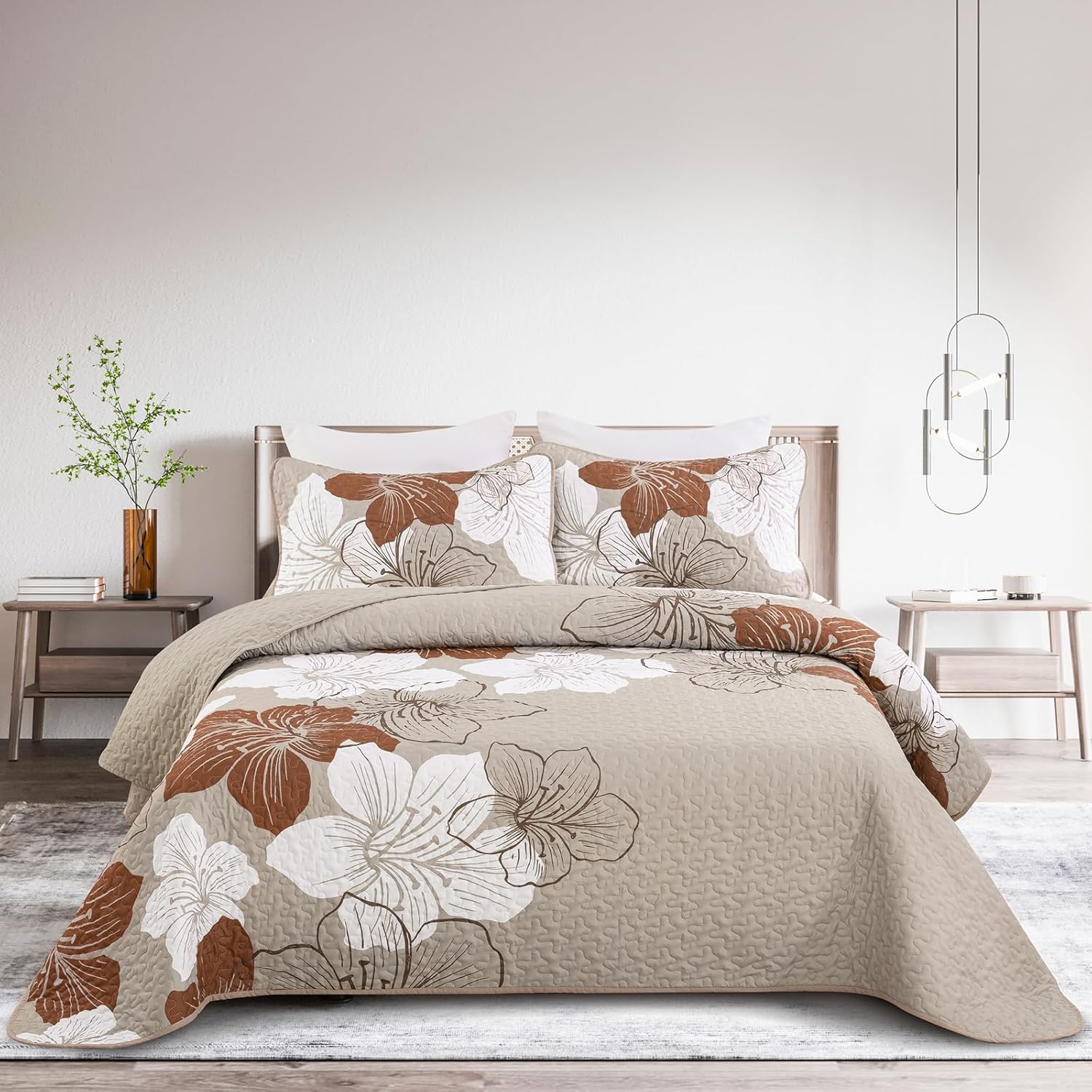 DJY 3 Pieces Quilt Set California King Taupe Floral Pattern