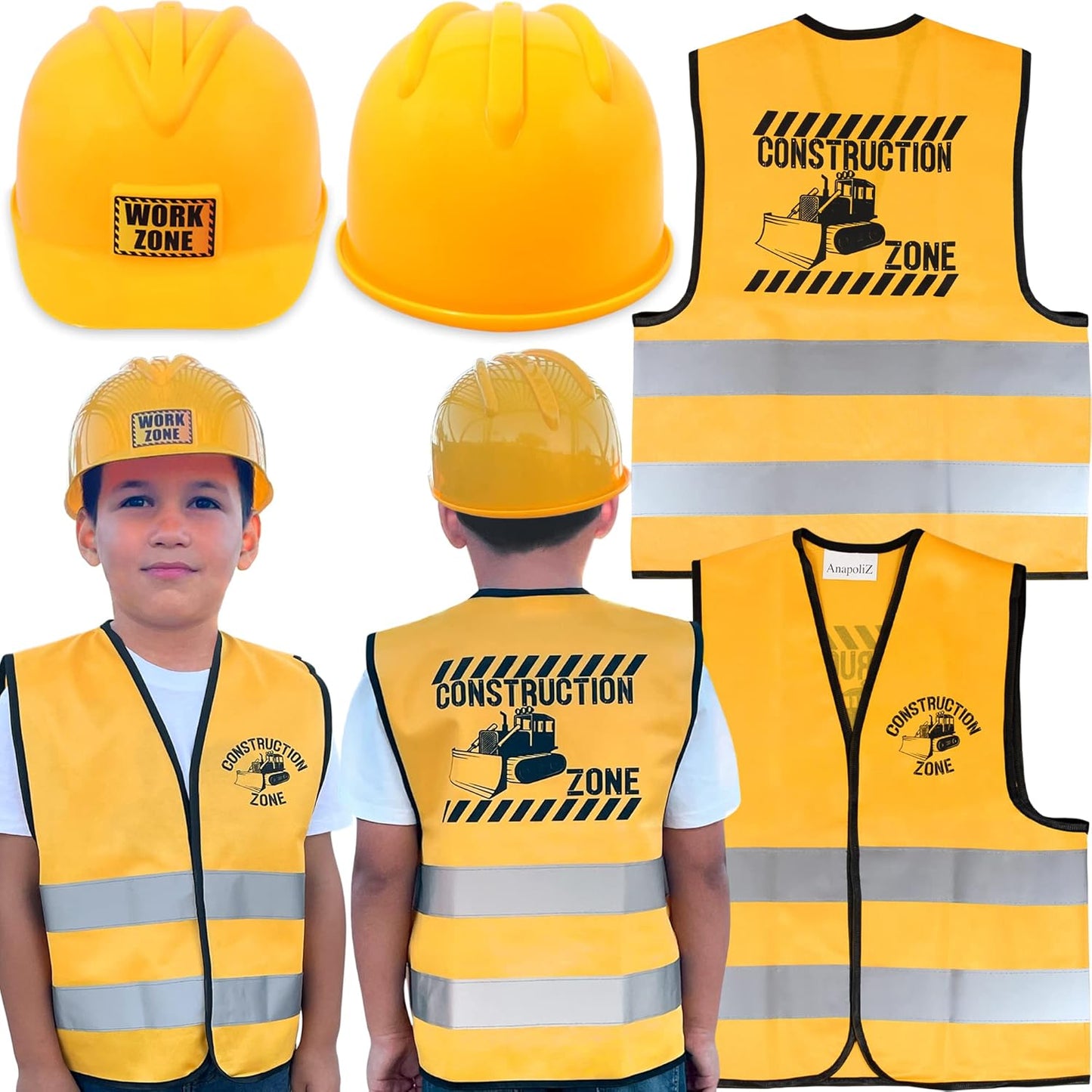 Kids Construction Vest & Hat Set | Yellow Reflective | Dress Up Costumes
