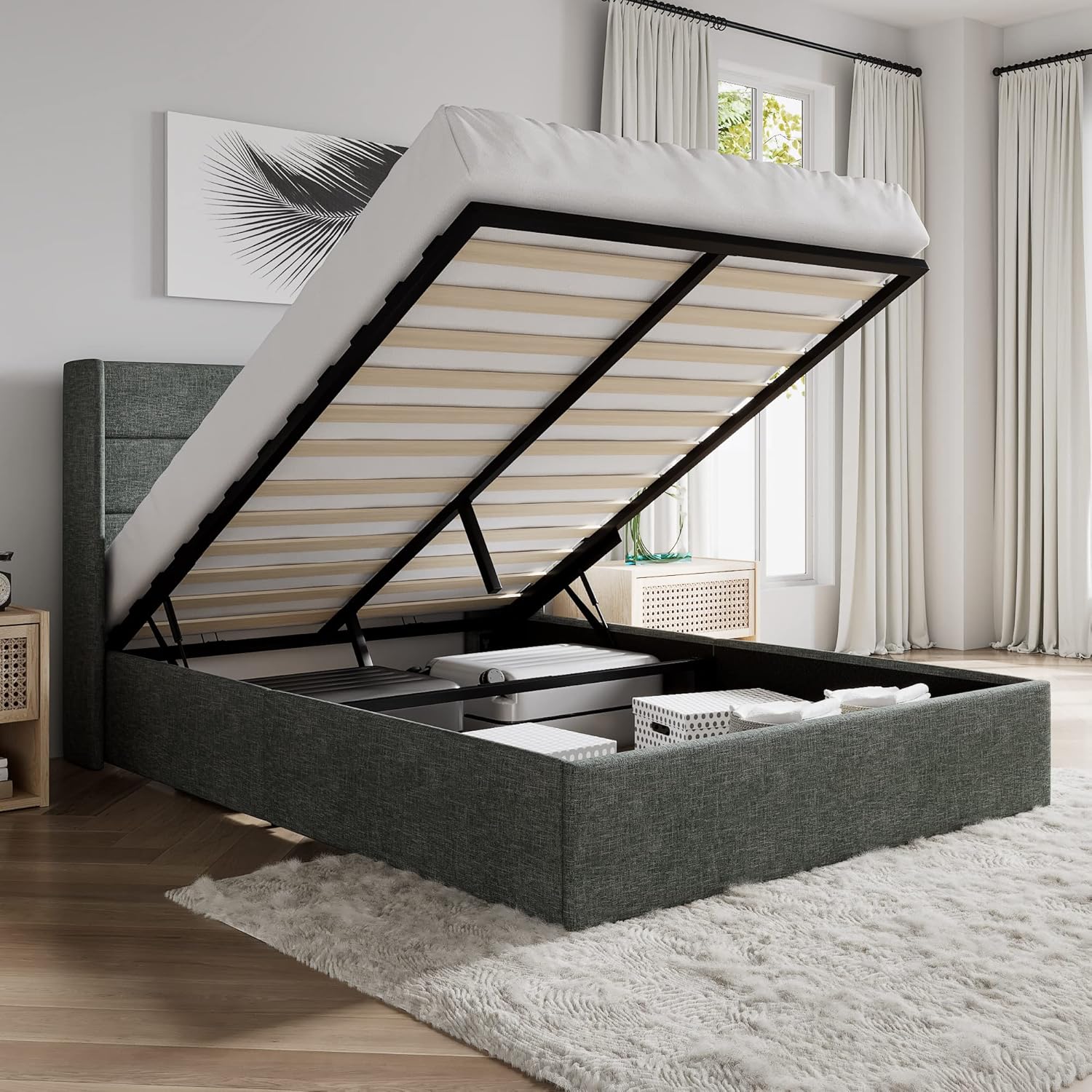 Queen Size Lift Up Storage Bed with Modern Wingback Design