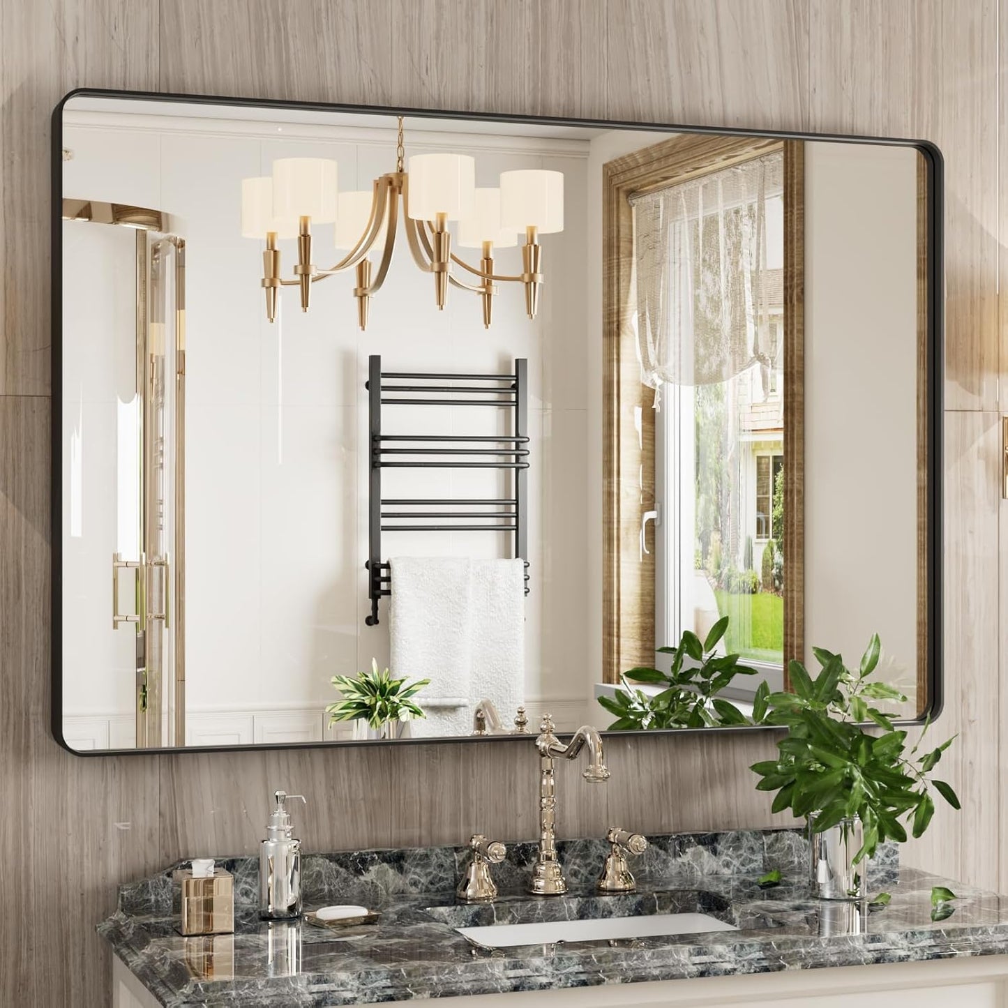 Black Bathroom Mirror 48X32 Inch with Rounded Rectangle Design