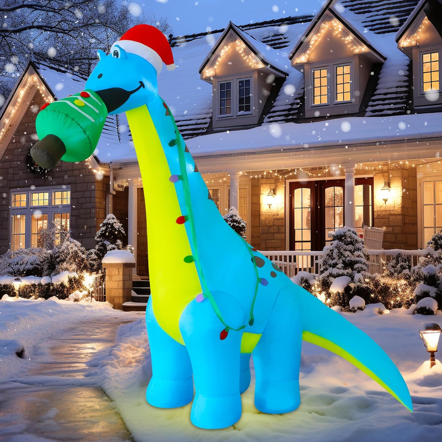 12 FT Christmas Inflatable Dinosaur with Santa Hat for Yard