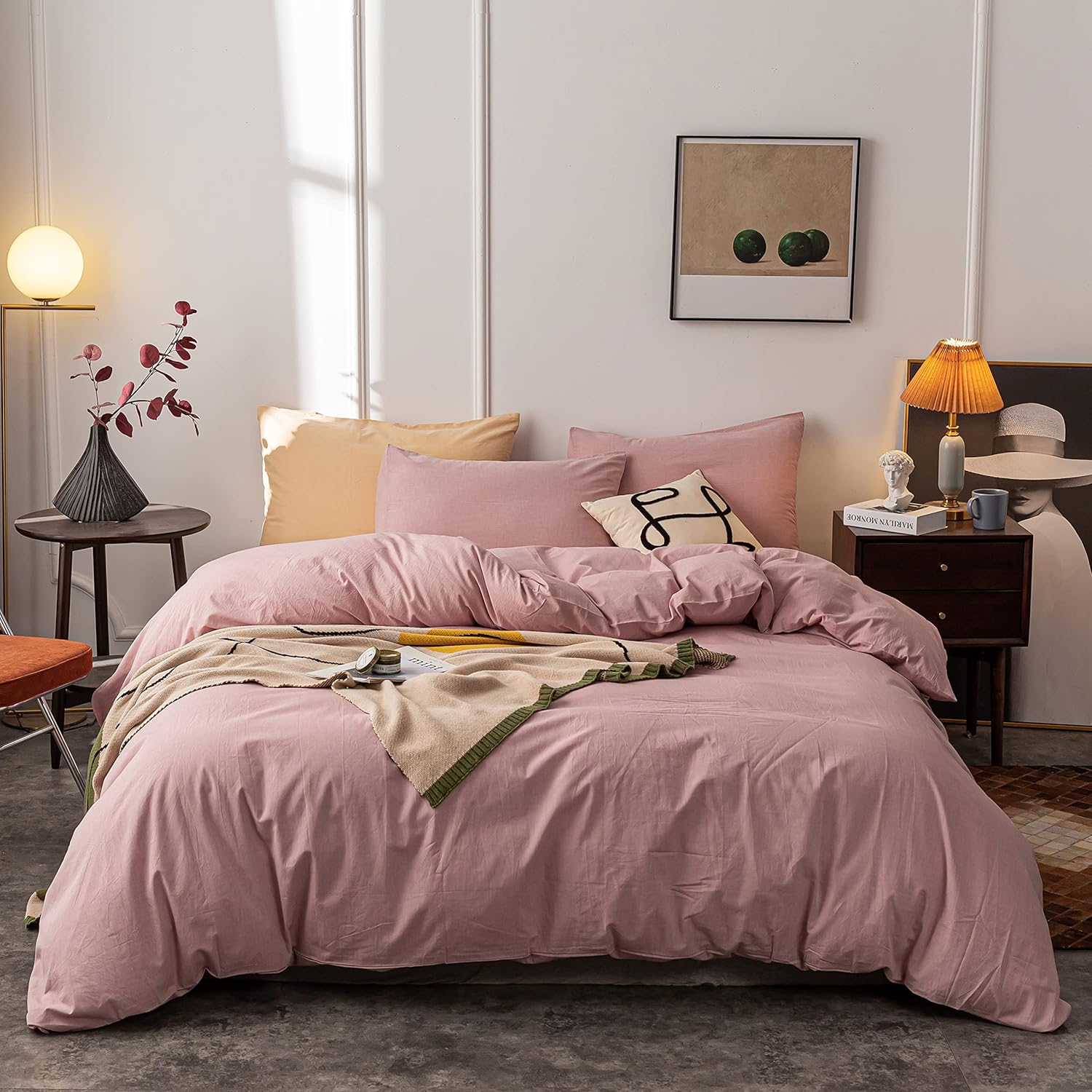 Washed Cotton Duvet Cover Queen Set Ultra Soft Dusty Pink