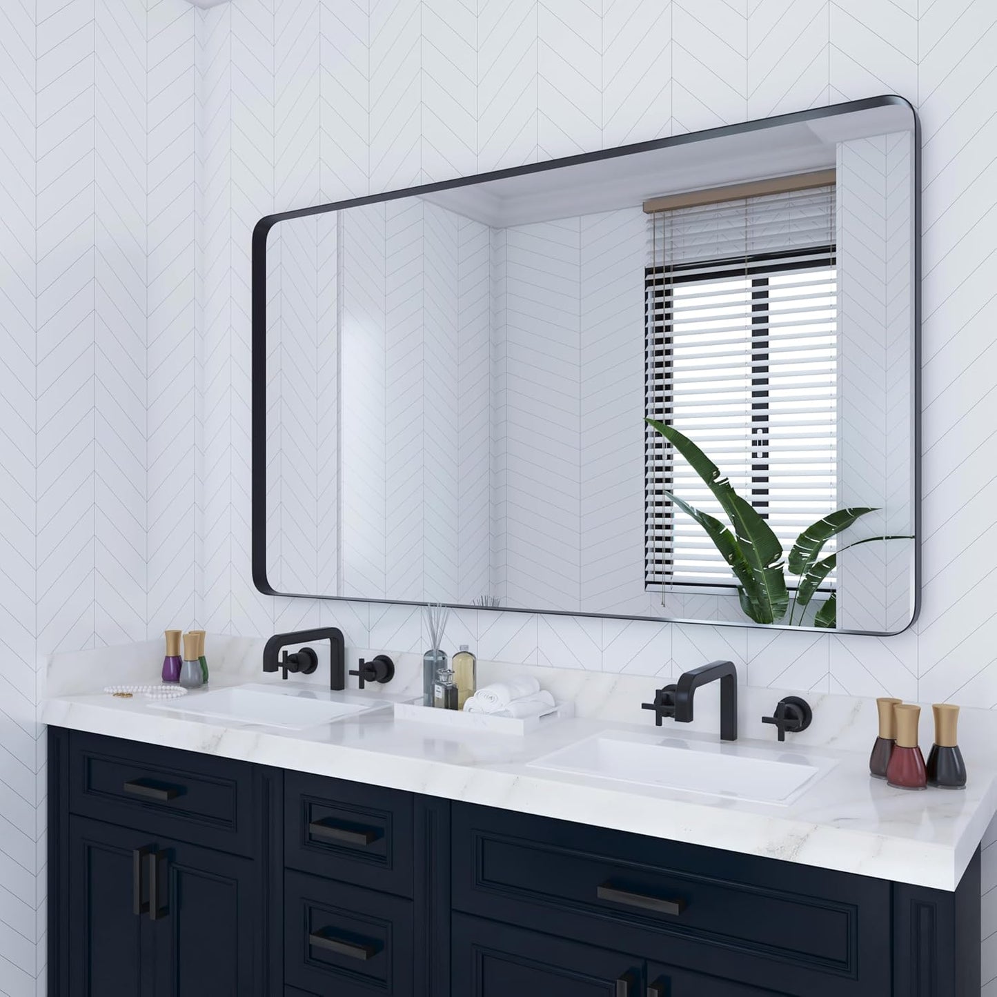 VocalStar 48 x 32 Inch Black Metal Framed Bathroom Mirror