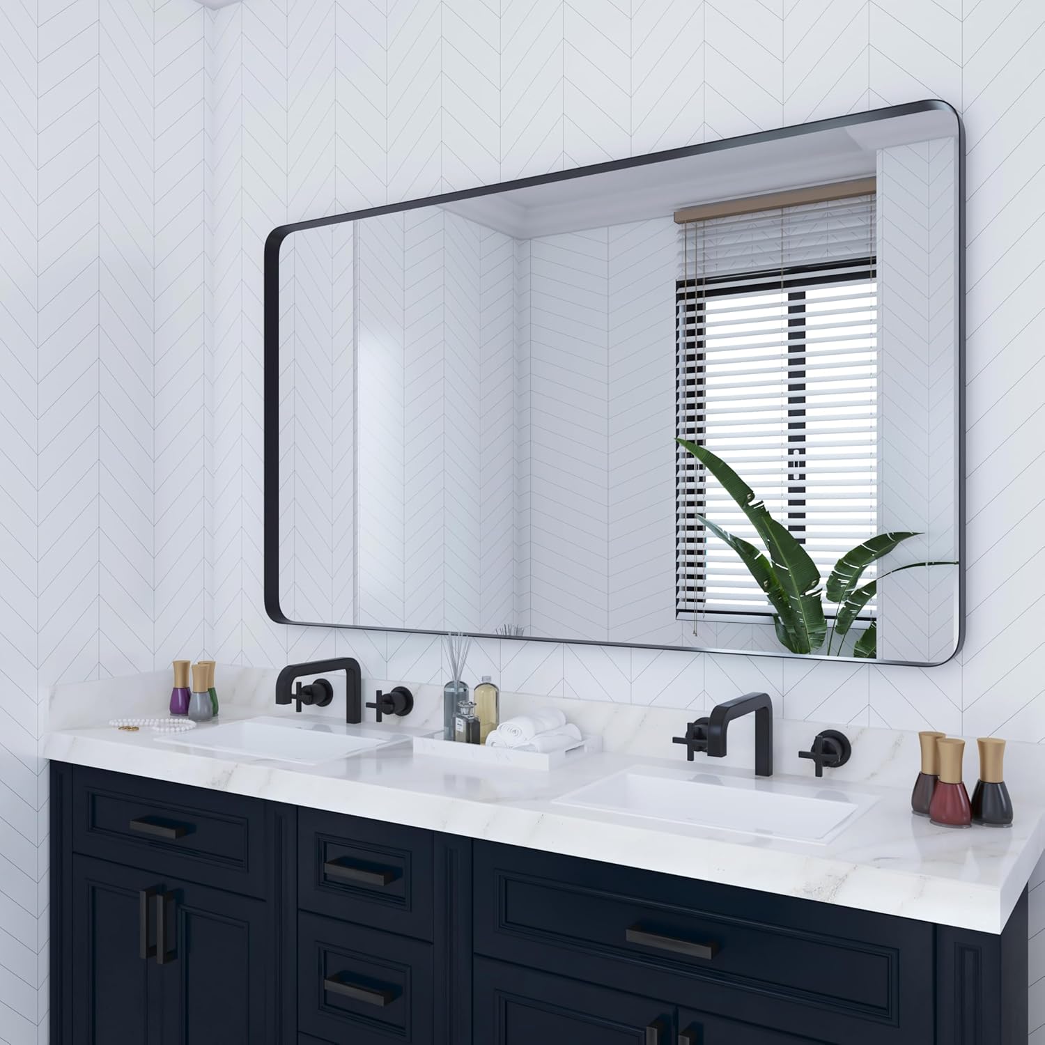 VocalStar 48 x 32 Inch Black Metal Framed Bathroom Mirror