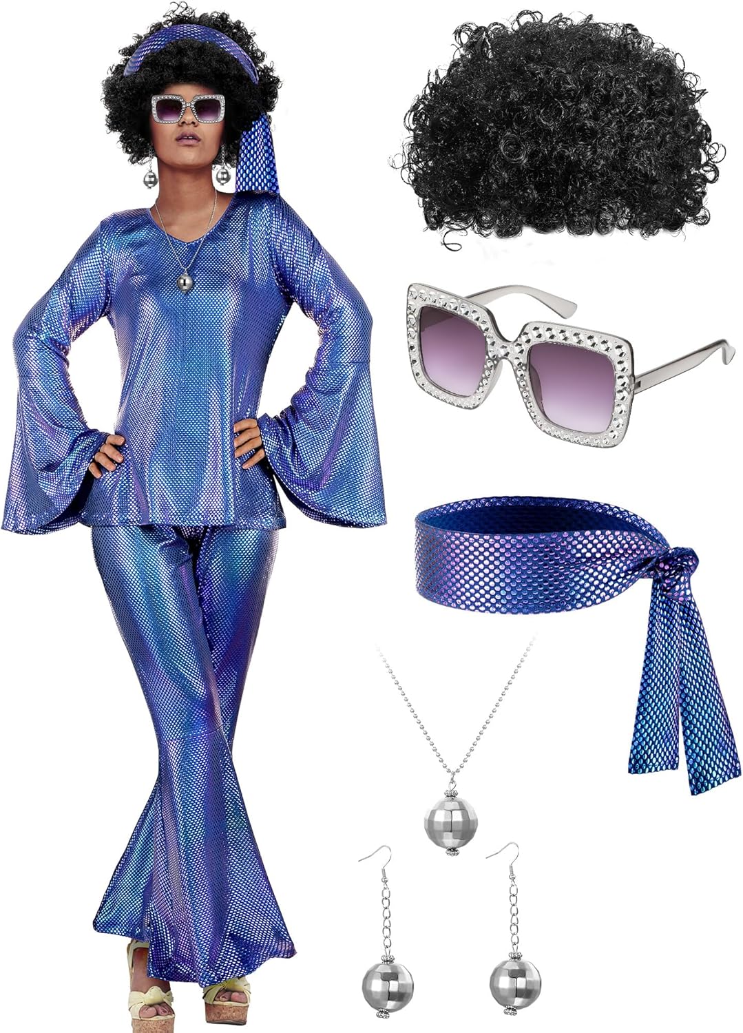 Jexine Halloween 70s Women Disco Outfit Costume Set for Parties