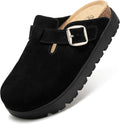 Women's Suede Clogs with Adjustable Buckle - Non-Slip Platform