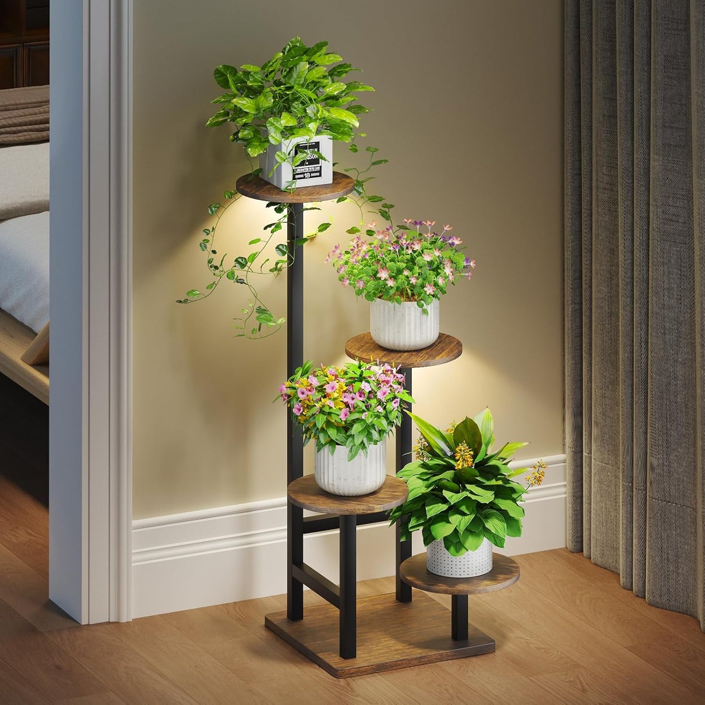 Indoor Plant Stand with Grow Light, 4-Tiered Metal Shelf