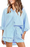 Women's Summer 2 Piece Long Sleeve Button Down and Shorts Set
