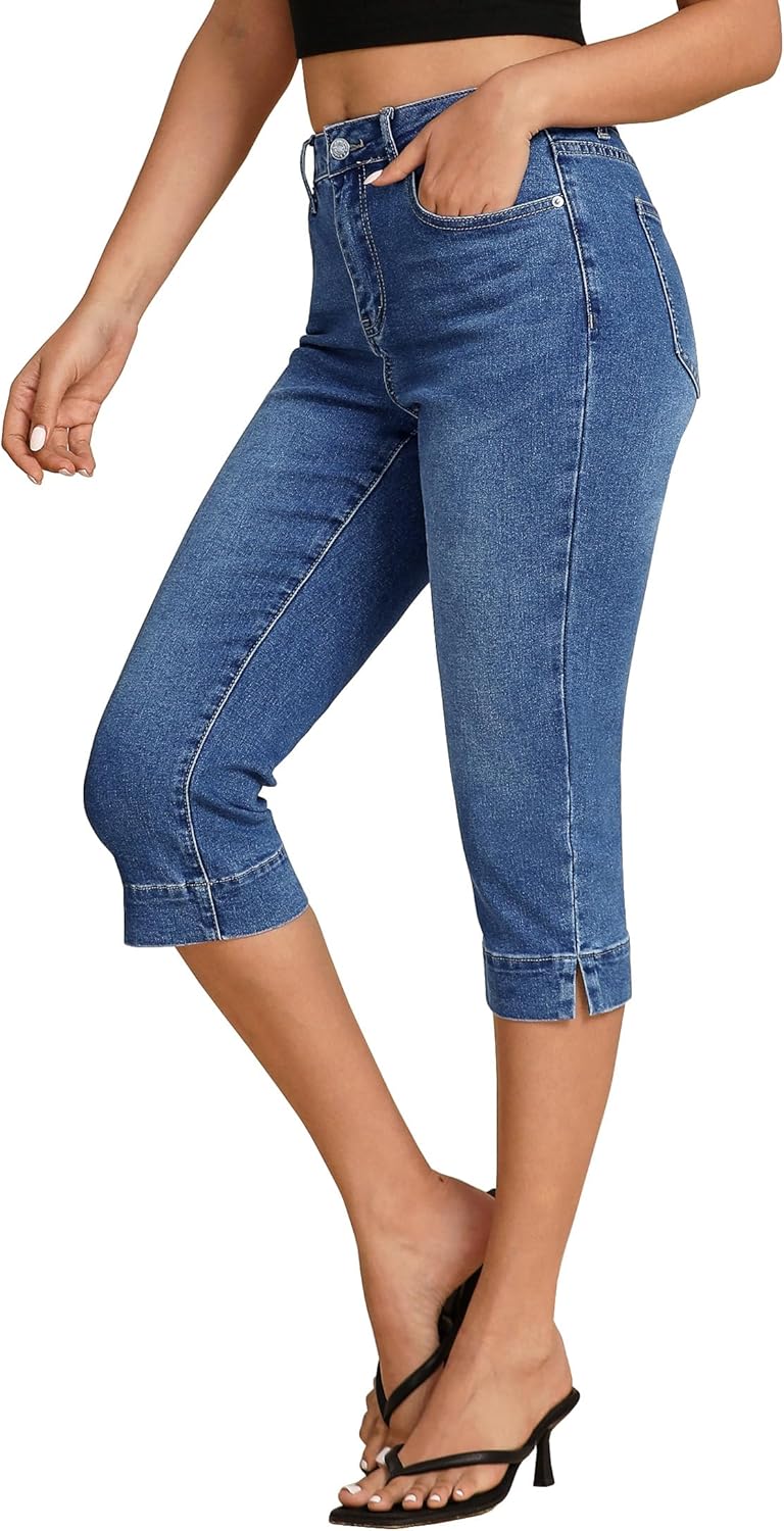 Trendy High Waisted Slim Split Hem Capri Jeans for Women