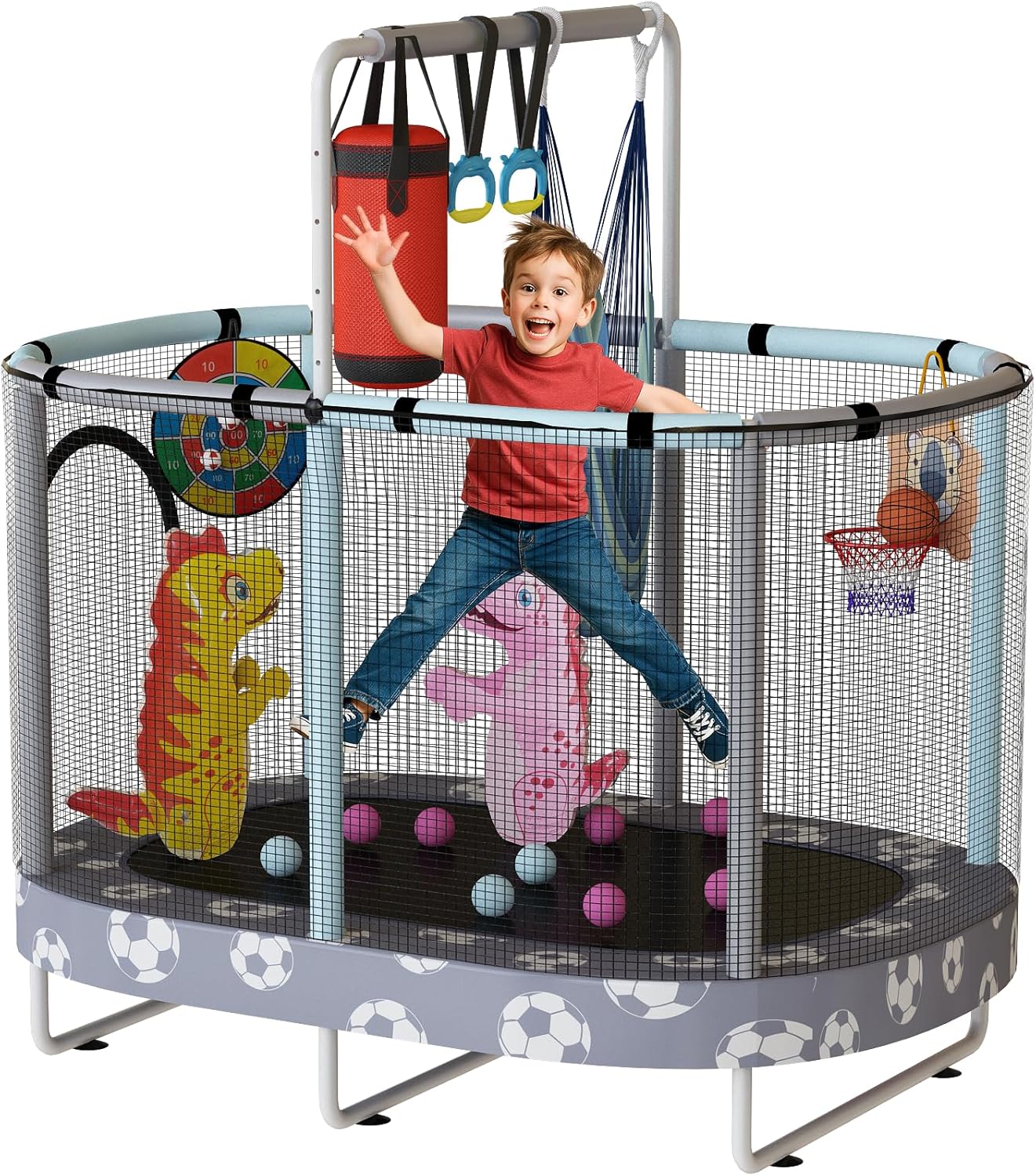 LAMERGE 55in 7-in-1 Round Trampoline for Kids Ages 1-8