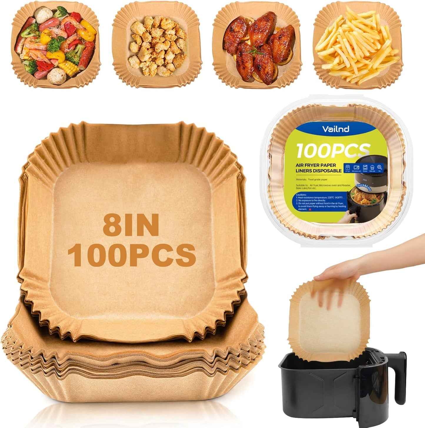 Non-Stick 8 Square Air Fryer Liners - 100Pcs Disposable