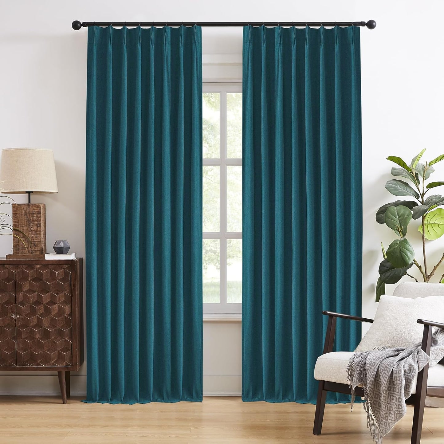 DUALIFE Dark Teal Blue Pinch Pleated Blackout Curtains 95 in