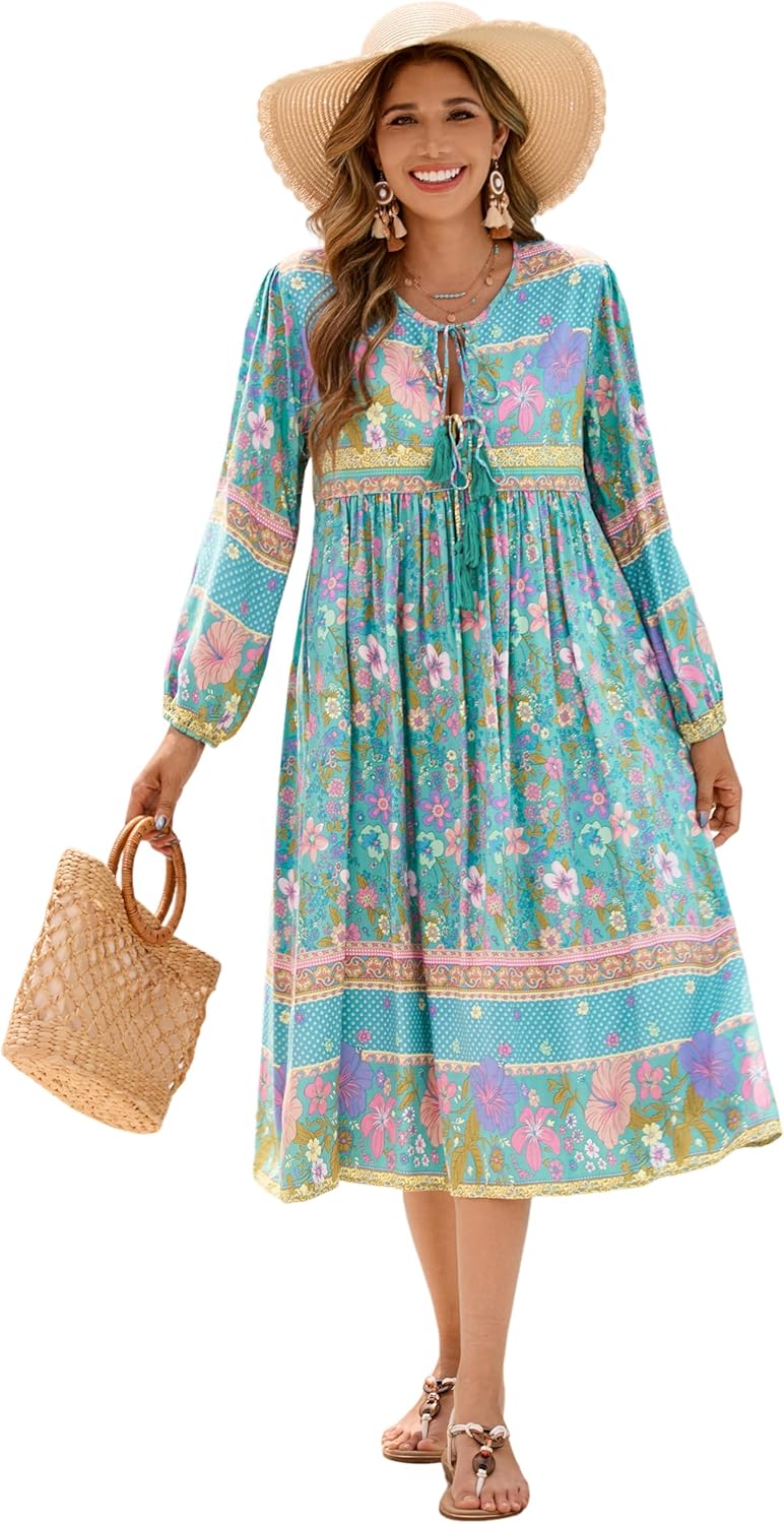 R.Vivimos Women's Long Sleeve Floral Print Bohemian Midi Dress