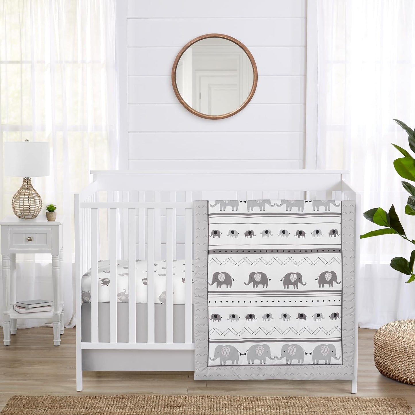 Grey and White Boho Elephant Baby Crib Bedding Set for Nursery