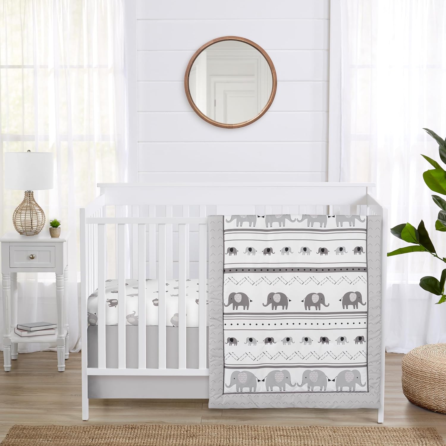Grey and White Boho Elephant Baby Crib Bedding Set for Nursery