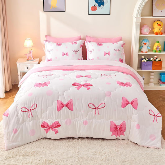 Wajade 7 Piece Pink Bow Bedding Set for Girls - Queen Size Comforter