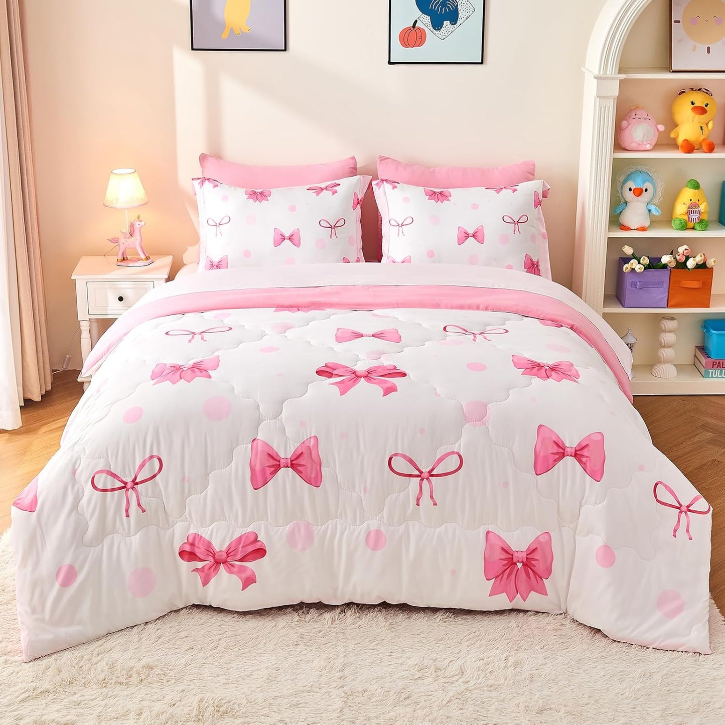 Wajade 7 Piece Pink Bow Bedding Set for Girls Full Size Comforter