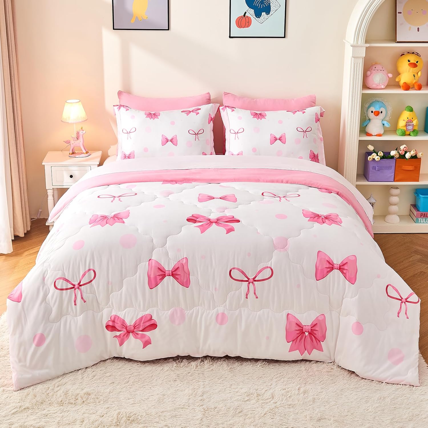 Wajade 7 Piece Pink Bow Bedding Set for Girls Full Size Comforter