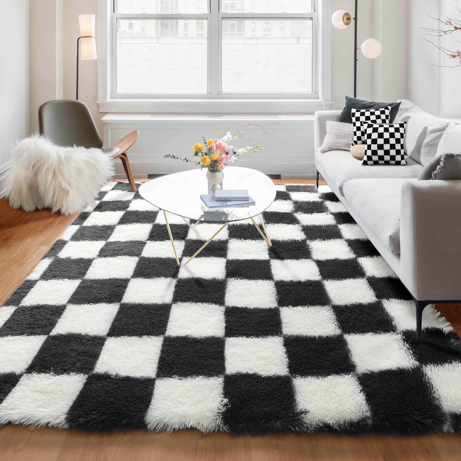 KICMOR 5x8 Area Rug Black and White Fluffy Shag Soft Carpet