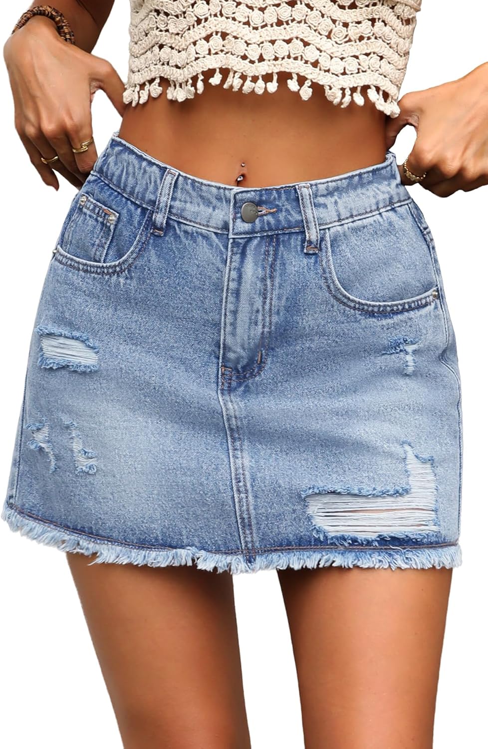 ELLEVEN Ripped Denim Mini Skort for Women with Built-in Shorts