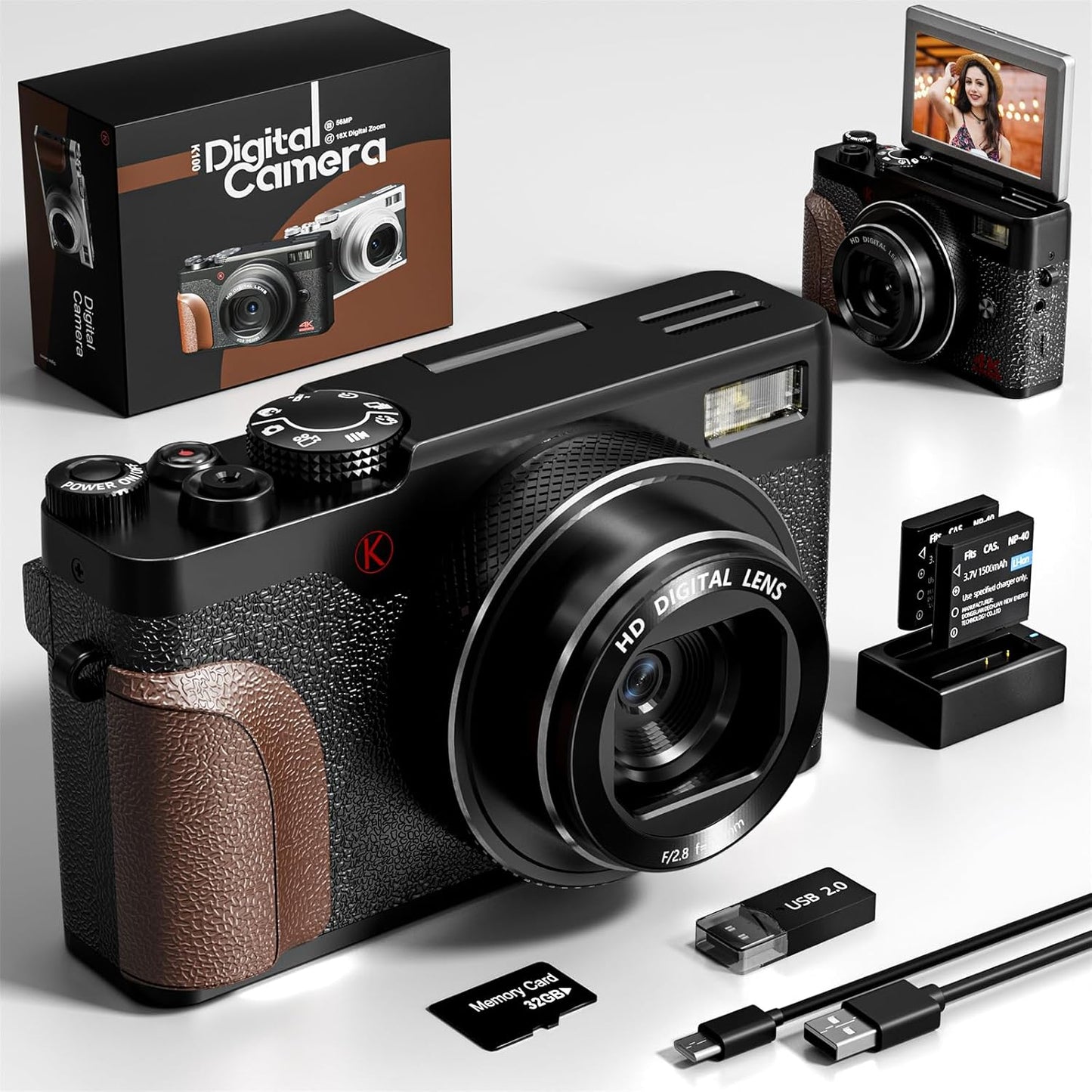 56MP 4K Vlogging Camera, 18X Zoom, Portable Compact w/ 2 Batteries