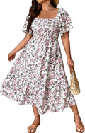 Plus Size Floral Print Tie Front Midi Dress - Square Neck Fit