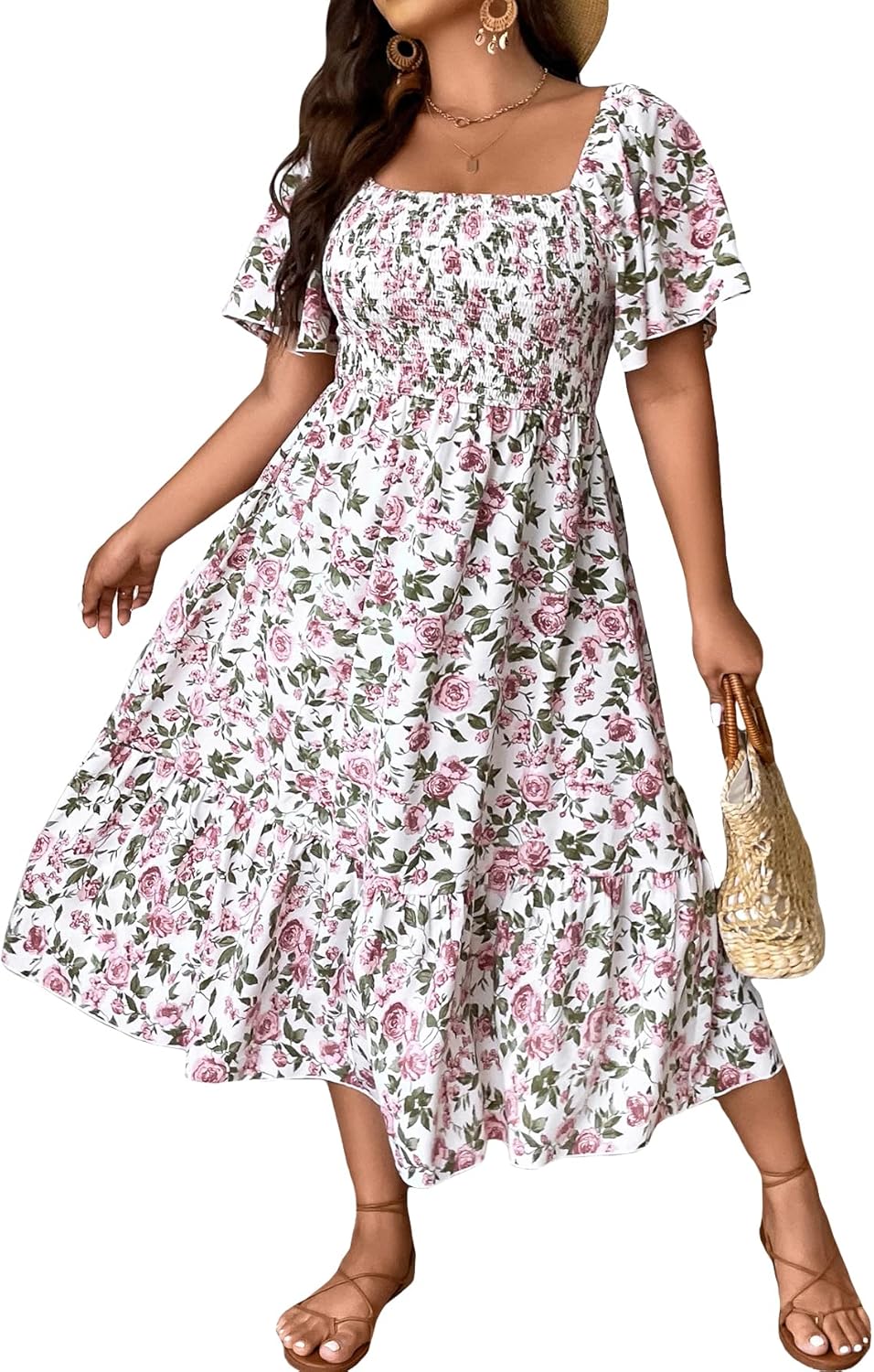 Floerns Women's Plus Size Floral Print Midi Dress for Summer