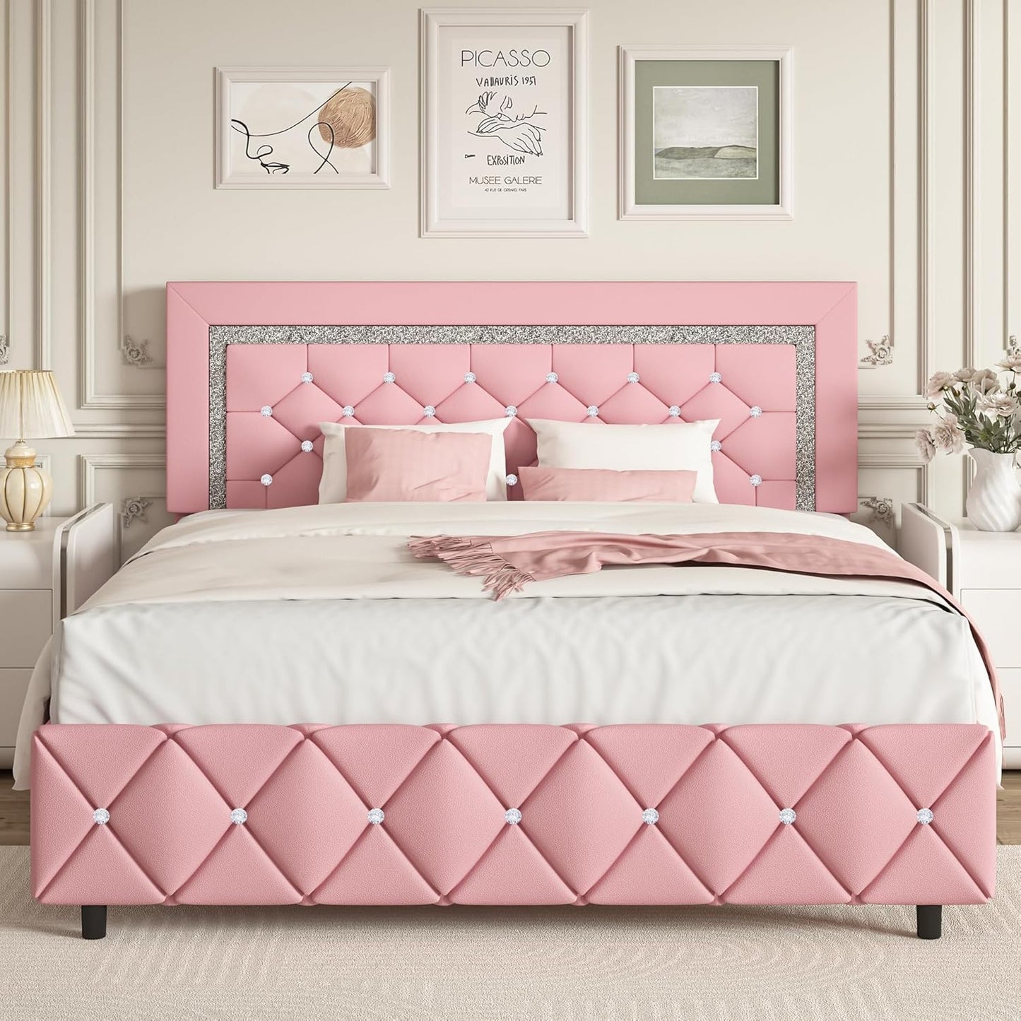 Full Size Upholstered Platform Bed Frame with Diamond Design