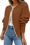 ZESICA Women's Open Front Pearl Trim Cardigan Sweater - Cozy Fall